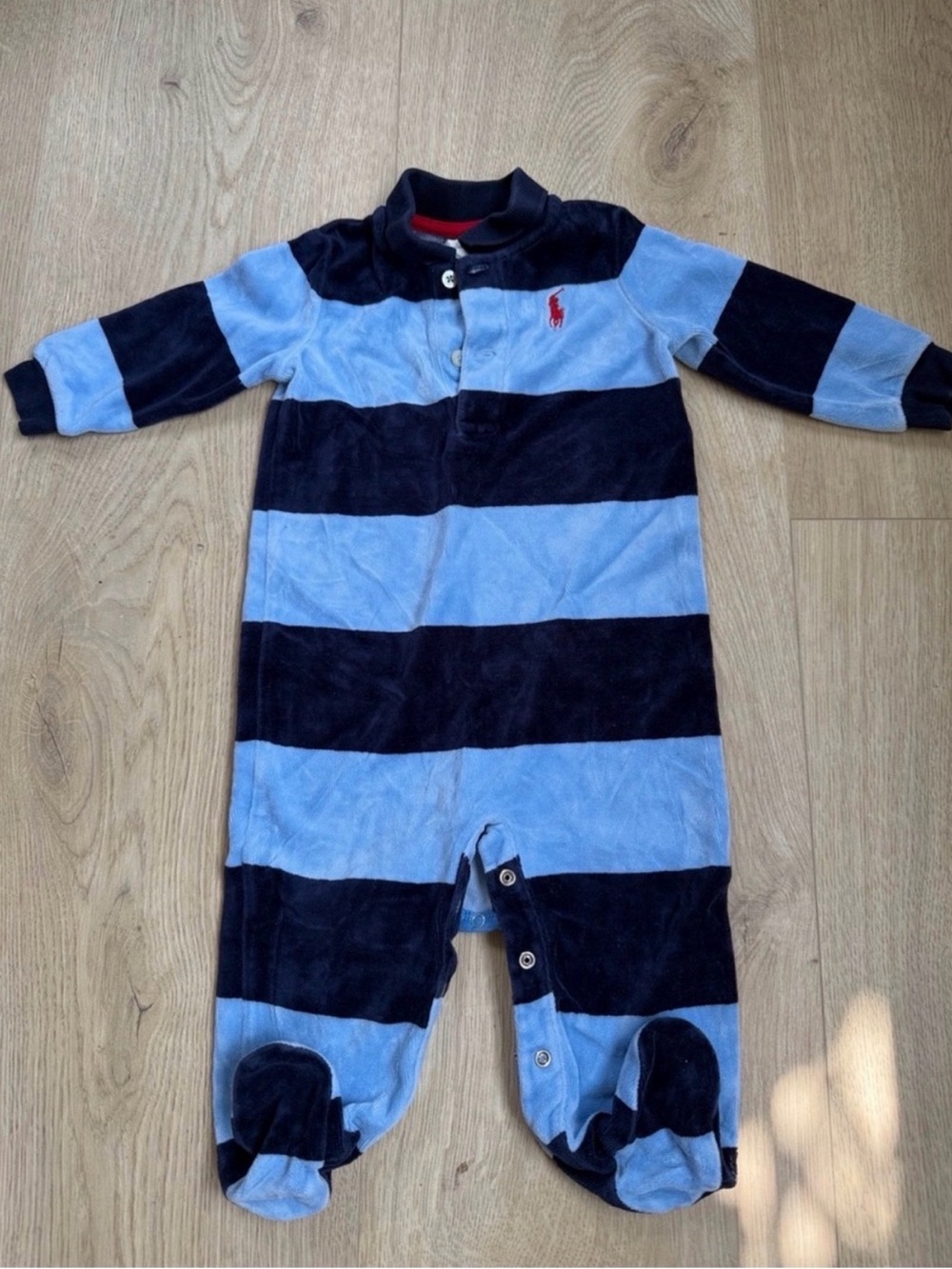 Ralph Lauren Light Blue & Navy Striped Polo Footie 9 months